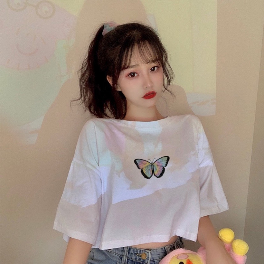 Áo Croptop Nữ Hoạ tiết RAINBOW BUTTERFLY &amp; TRIPLE BUTTERFLY 2 Màu Form Rộng