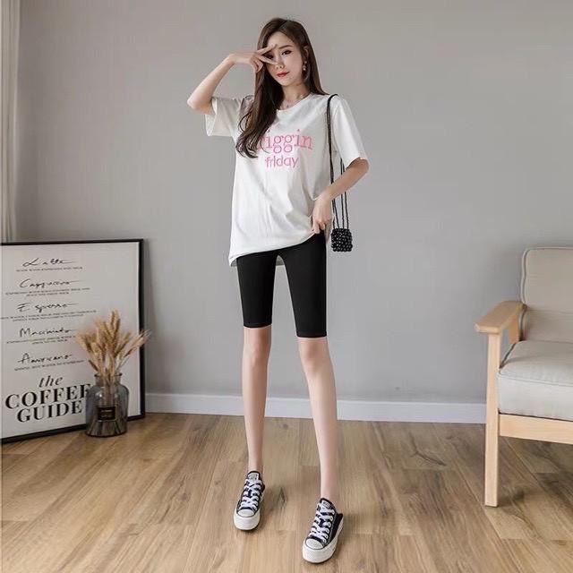 Quần legging ngố lưng thun hai chiều siêu co dãn màu đen