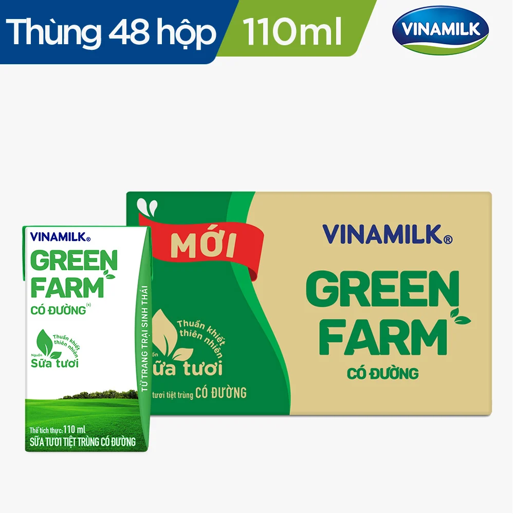 Thùng 48 Sữa Tươi Tiệt Trùng Vinamilk Green Farm - Sữa Tươi 100% Có Đường 110ml