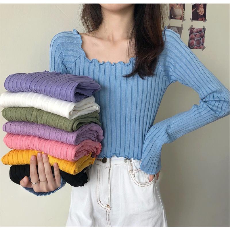 MS217 Áo len nữ dài tay viền bèo croptop kẻ sọc