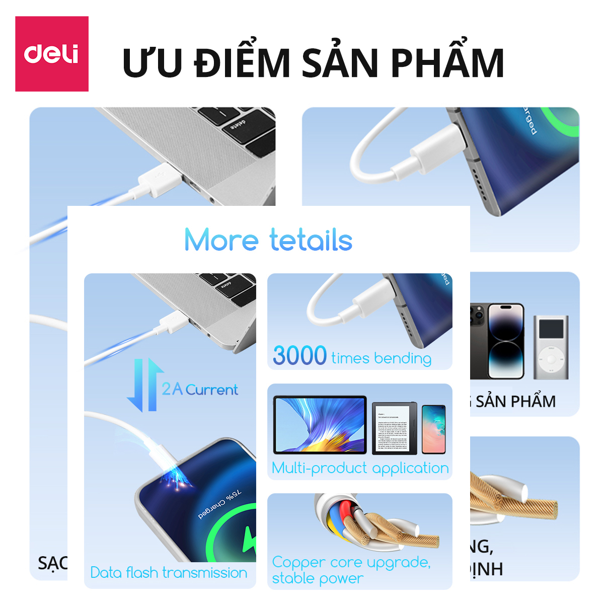 Cap sạc nhanh DELi an toàn không đứt, chống hở điện, cháy nổ. Cap sạc điện thoại nhanh hàng chính hãng