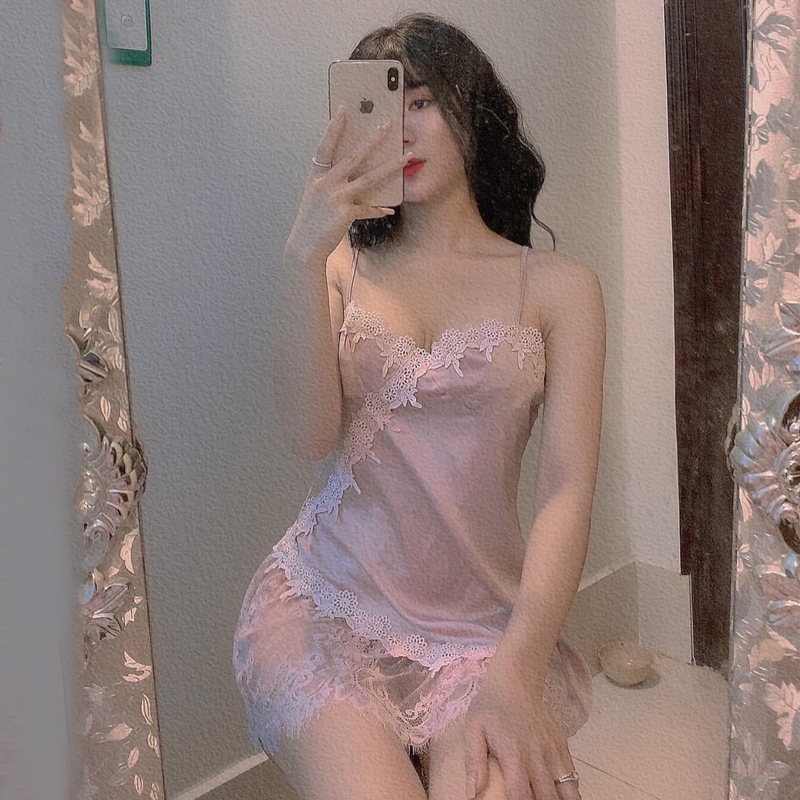 Q76 Váy ngủ hai dây phối ren sexy  - Đầm ngủ lụa cao cấp - Đồ ngủ nữ