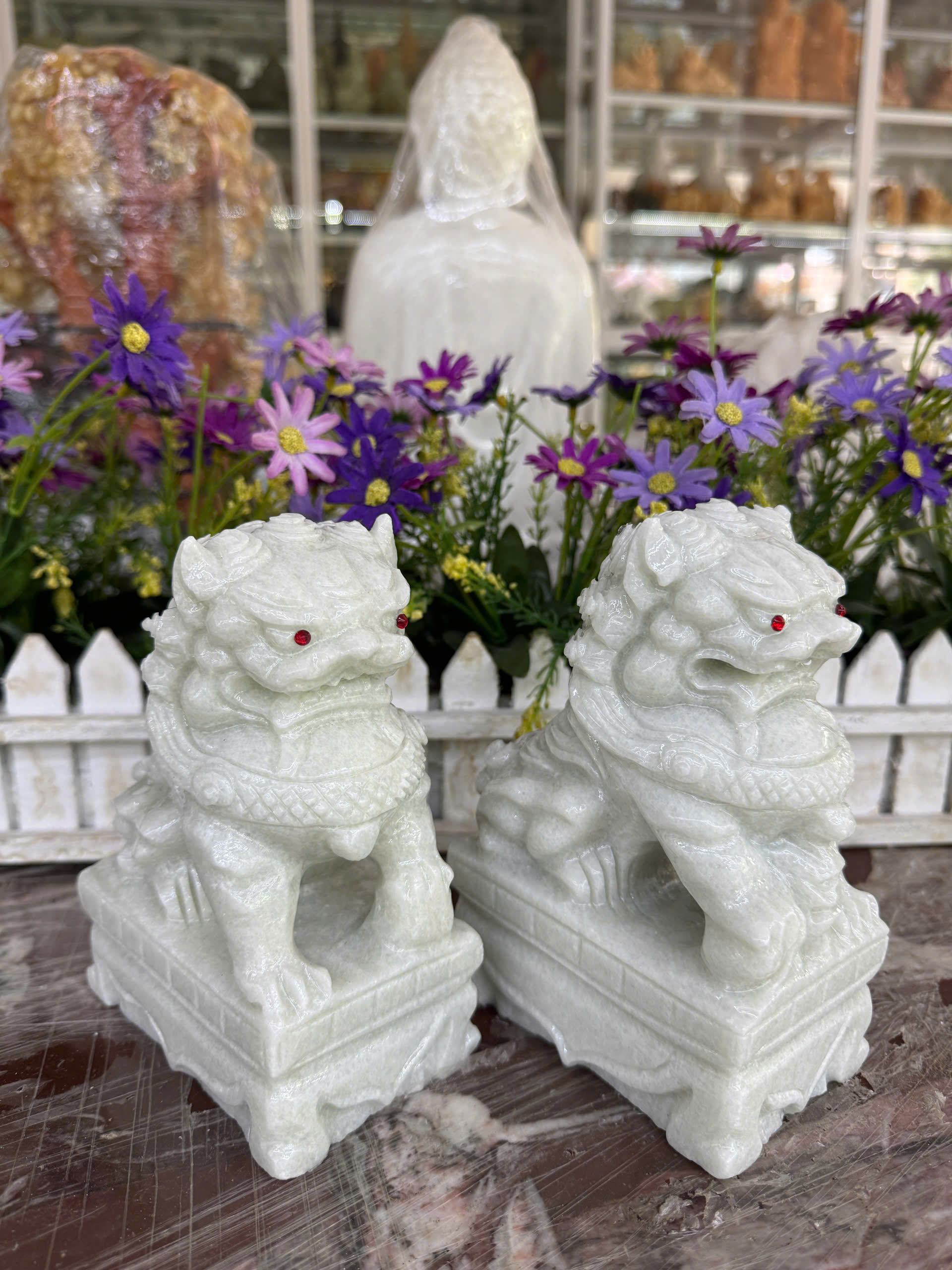 Cặp tượng Kỳ Lân phong thủy đá trắng xanh - Cao 15 cm