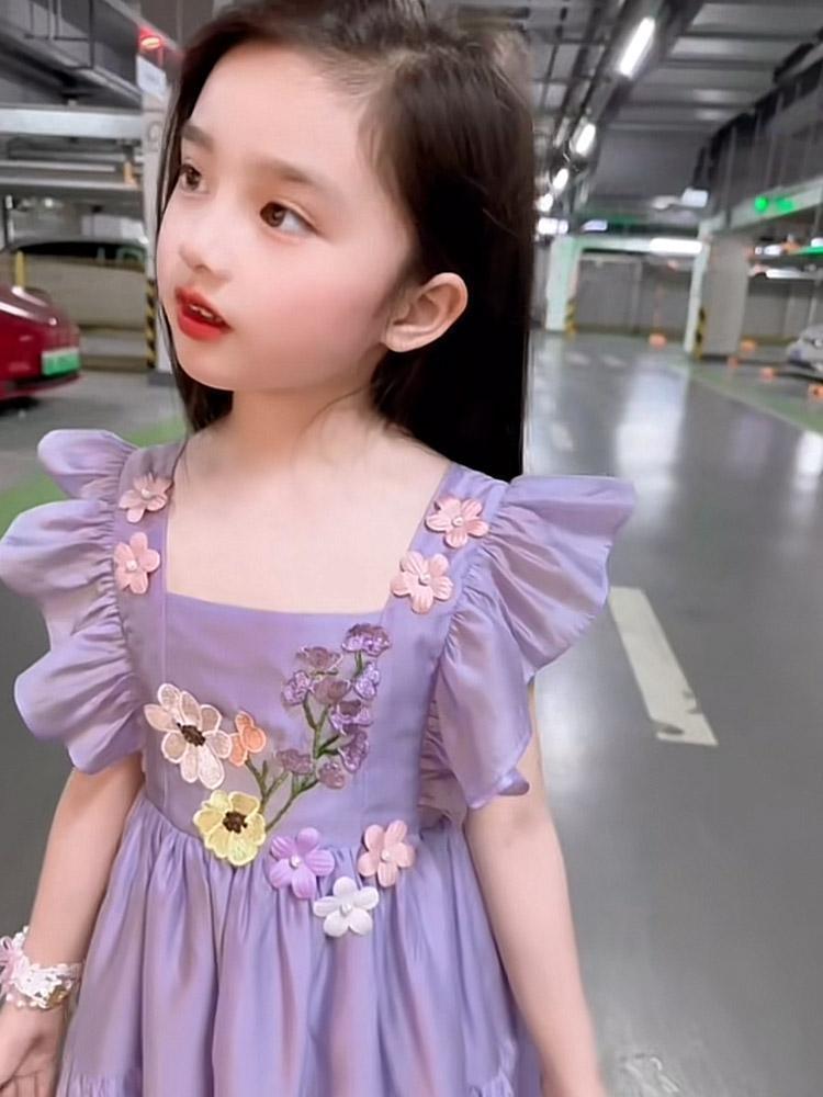 DIYIWEI Trang phục mùa hè 2023 Váy công chúa màu tím cho trẻ em gái