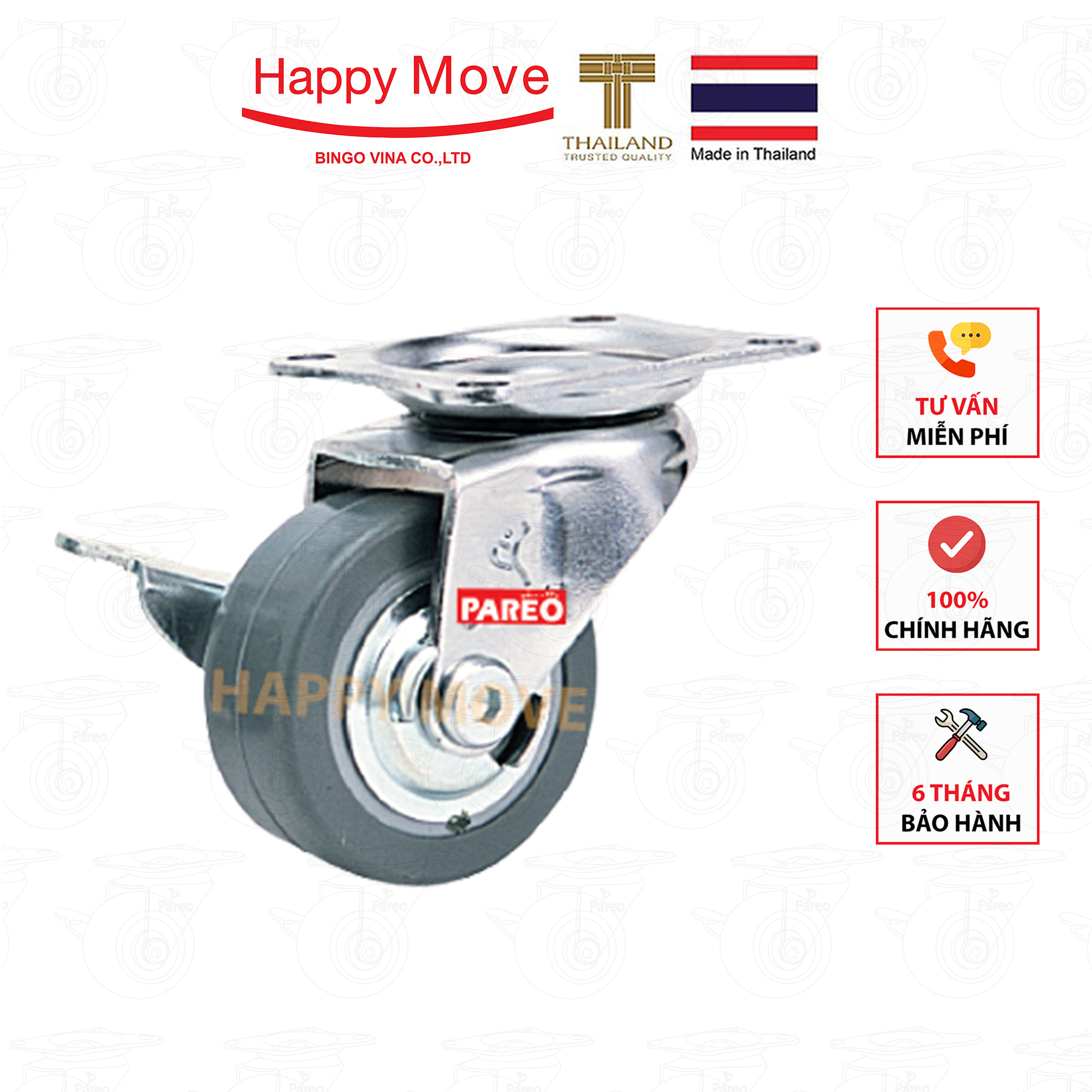 Bánh xe đẩy cao su tổng hợp xám tải nhẹ càng xoay khóa - 50-65-75mm - Happy Move Thái Lan