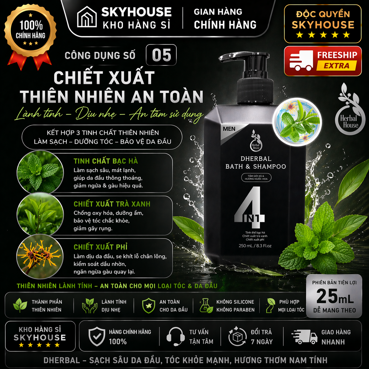 Dầu gội thảo dược thiên nhiên 4in1 tinh chất bạc hà độc quyền DHERBAL chai 250ml dầu gội trị gàu mọc tóc chính hãng