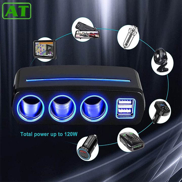 Bộ Chia Tẩu Sạc Ô Tô ,Xe Hơi 3 Tẩu - 2 Usb QC 3.0 Công Suất 120W Kết Hợp Led