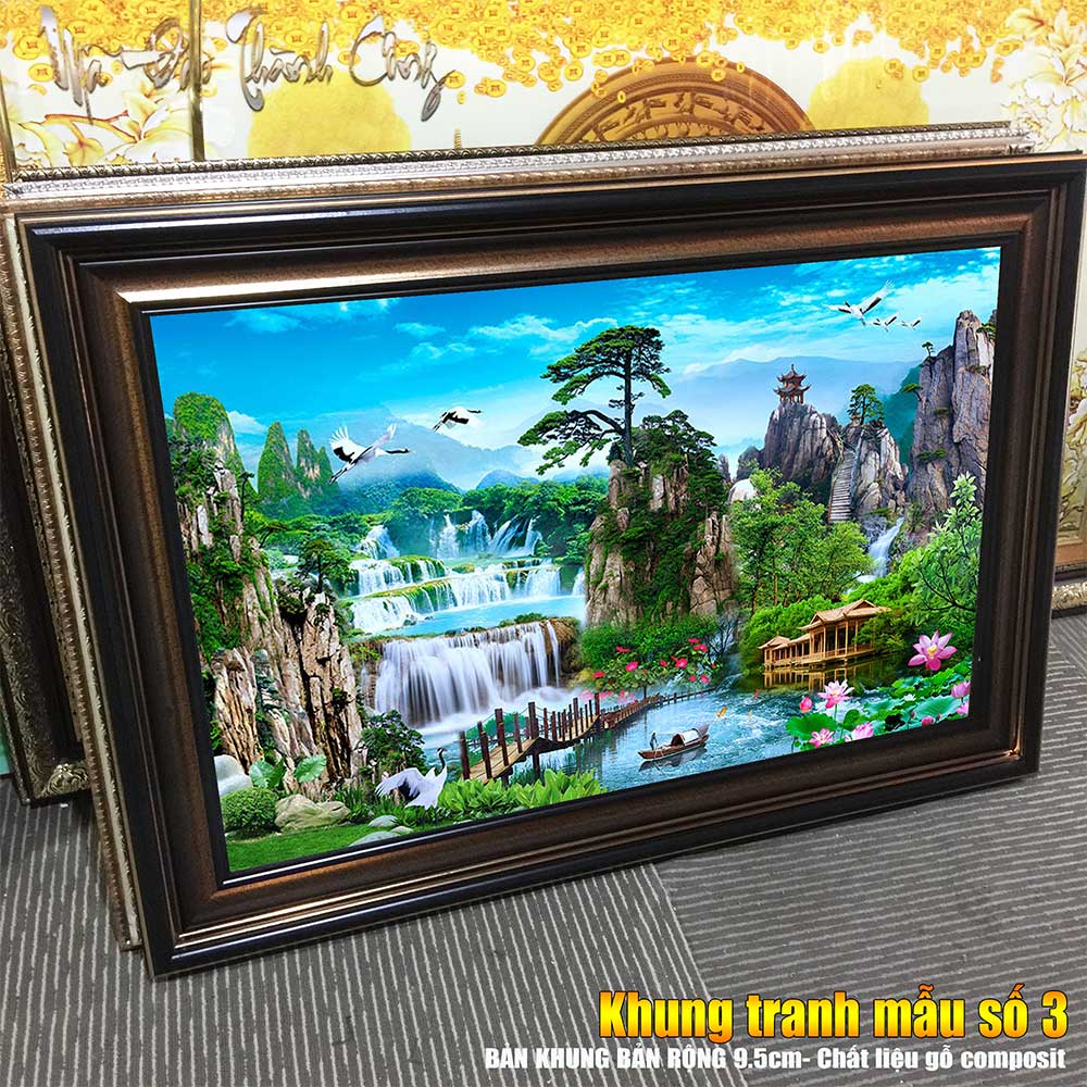 Tranh treo tường phòng khách, phòng ngủ SƠN THỦY HỮU TÌNH khung gỗ composit chất liệu pvc gương / lụa kim sa. MS:2239L9