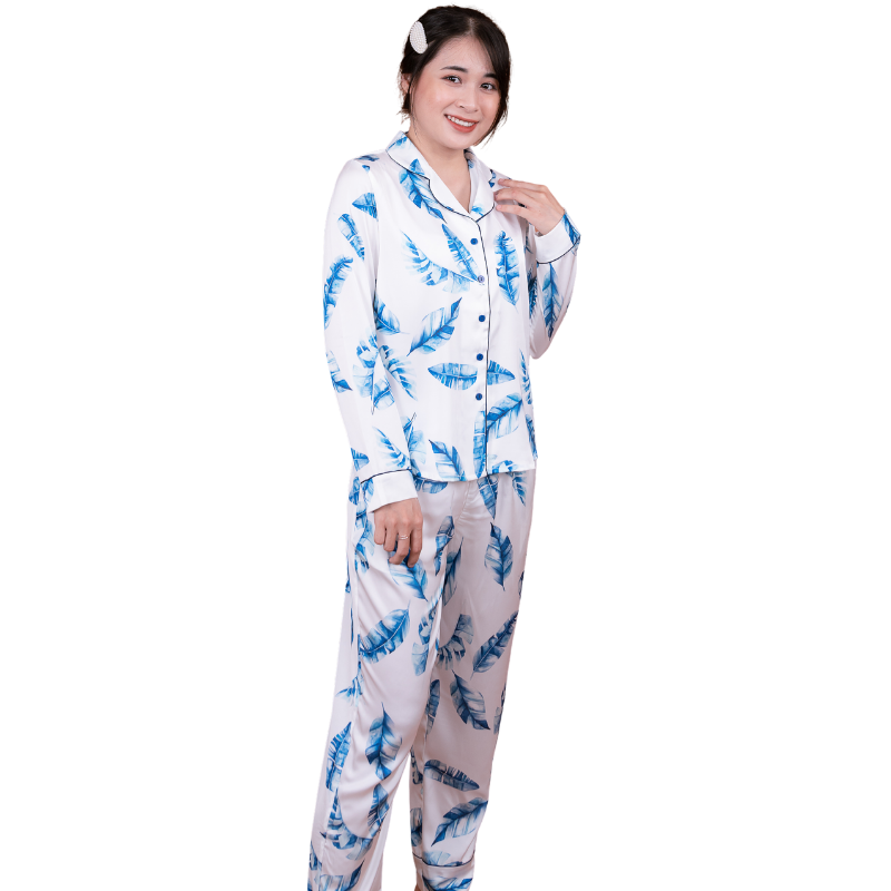 Đồ bộ pyjama nữ, đồ mặc nhà VILADY - B115 kiểu tay dài quần dài họa tiết lá xanh, chất liệu lụa Pháp ( lụa latin) siêu mát