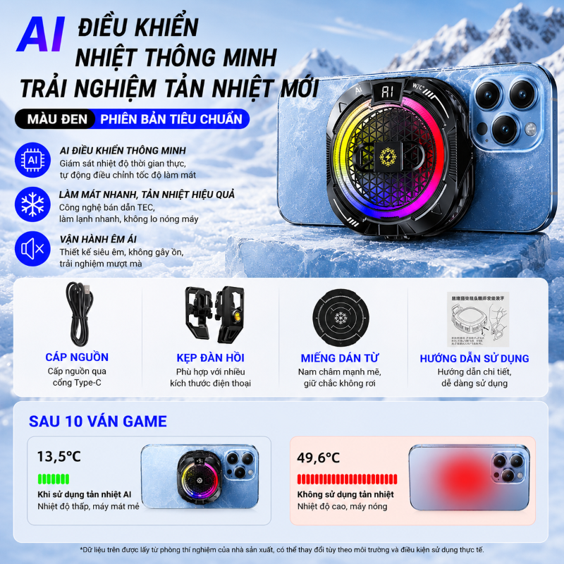 Tản nhiệt sò lạnh Led TH19 Ai Gaming siêu mát có hiển thị nhiệt độ cho điện thoại