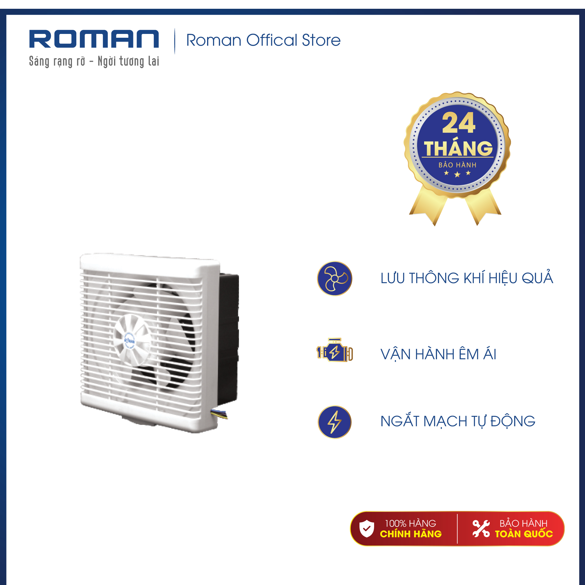 Quạt thông gió âm tường chính hãng Roman- Có màng che ngăn nước mưa mùi quay ngược lại hiệu quả cao RBV25