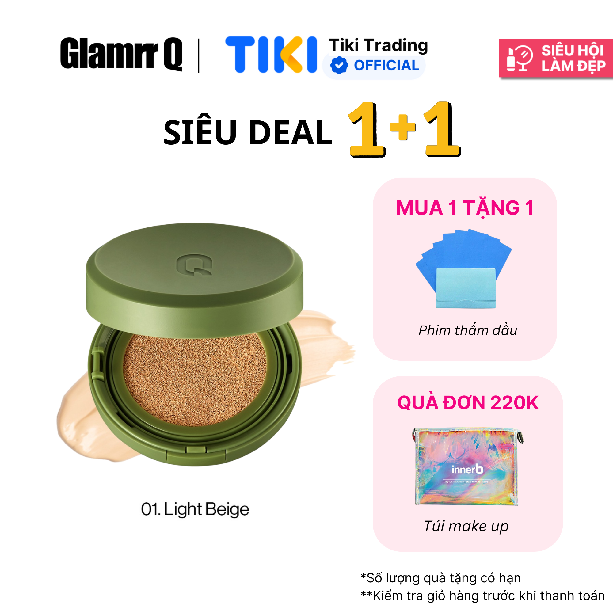 Phấn nước trang điểm căng bóng thuần chay GLAMRR Q VEGAN SUPER GLOW CUSHION (1 lõi x 15g) by Gilaa