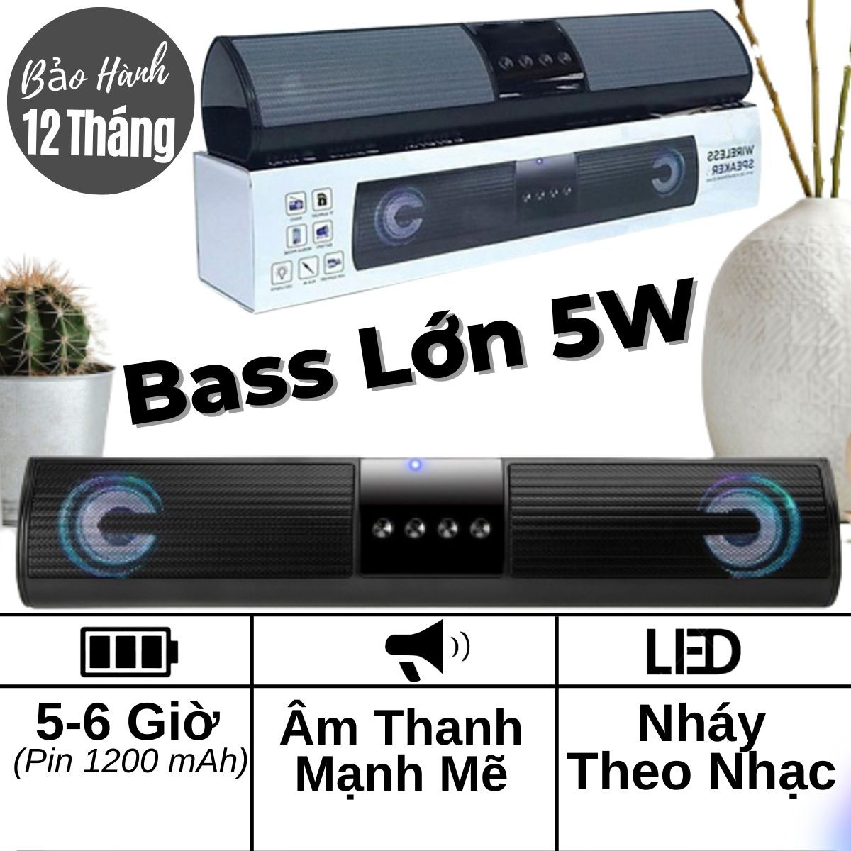 Loa Bluetooth A2 Nghe Nhạc 2 Loa 5W Công Suất Lớn, Bass Mạnh, Đèn Led Theo Nhạc Và Khe Cắm Thẻ Nhớ, USB, Đài FM