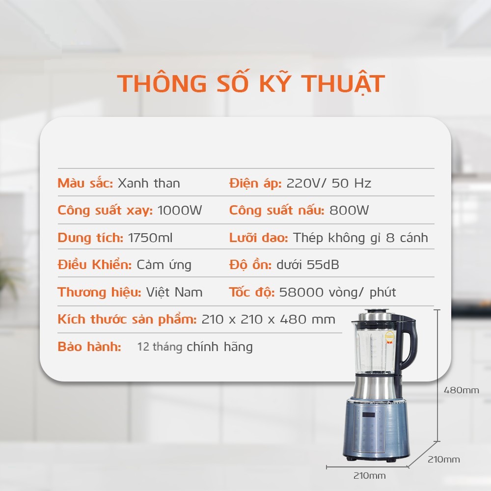 Máy Làm Sữa Hạt Xay Nấu Đa Năng Dung Tích 1.75L Công Suất Xay 1000W Nấu 800W Điều Khiển Cảm Ứng Chống Trào Mới