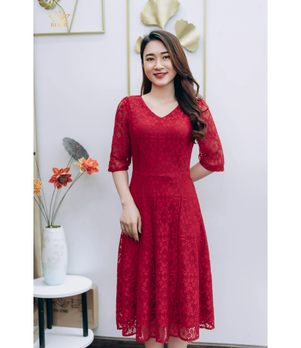 Đầm xòe ren thiết kế TTV Store Cổ tim tay lỡ gam màu Đỏ tươi thời trang TTV1219 tươi sáng, sang trọng