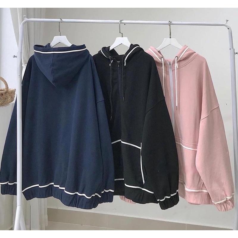 Áo khoác hoodie nỉ viền dây kéo màu ĐEN/NAVY/ HỒNG ️ Nam nữ unisex -/- Áo khoác form rộng Jaystoree