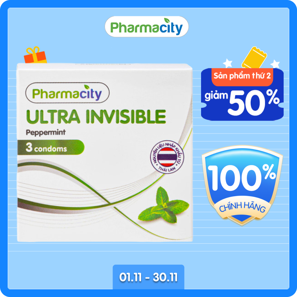 Bao cao su siêu mỏng Pharmacity Ultra Invisible (Hộp 3 cái)