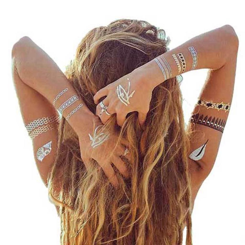 Hình xăm dán vòng tay, cổ chân, cánh tay nam nữ tạm thời ánh kim vàng bạc tatoo thời trang đi biển Legaxi