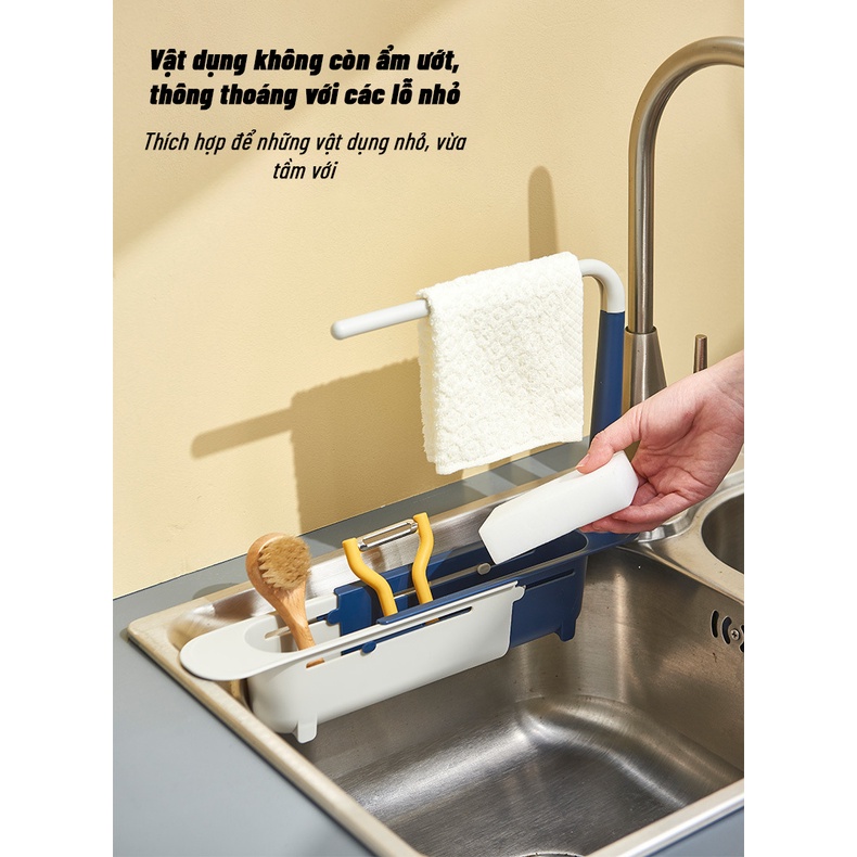 GIỎ NHỰA CO GIÃN ĐA NĂNG GÁC BỒN RỬA BÁT ĐỰNG GIẺ RỬA BÁT, DỤNG CỤ LẶT VẶT NHÀ BẾP RÁO NƯỚC CÓ KÈM GIÁ PHƠI KHĂN TAY THÔNG MINH, CHẤT LIỆU 100% NHỰA PP CAO CẤP CÓ RÃNH THOÁT NƯỚC