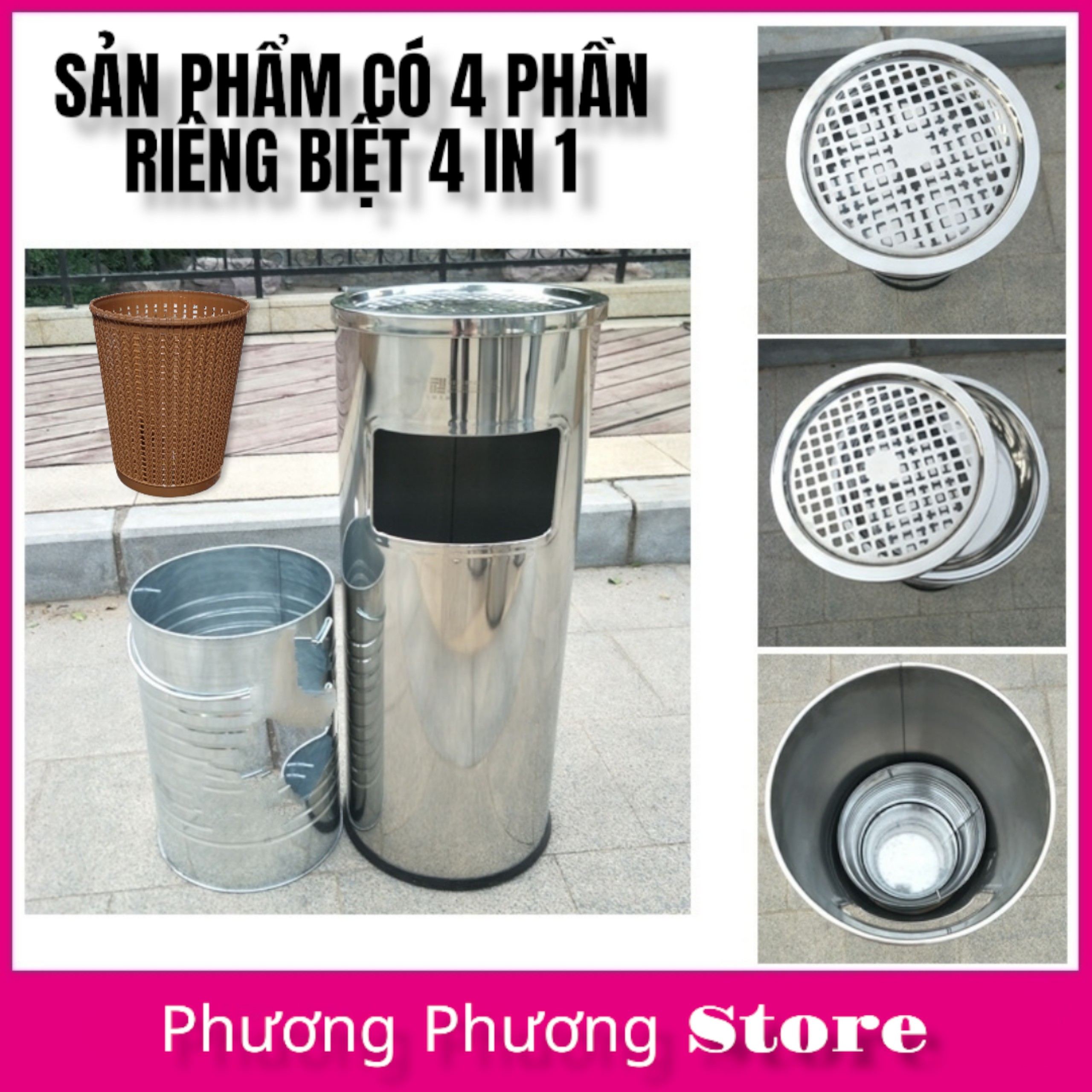 Thùng rác inox tròn, thùng rác inox gạt tàn tròn ( Tặng sọt tròn mây )