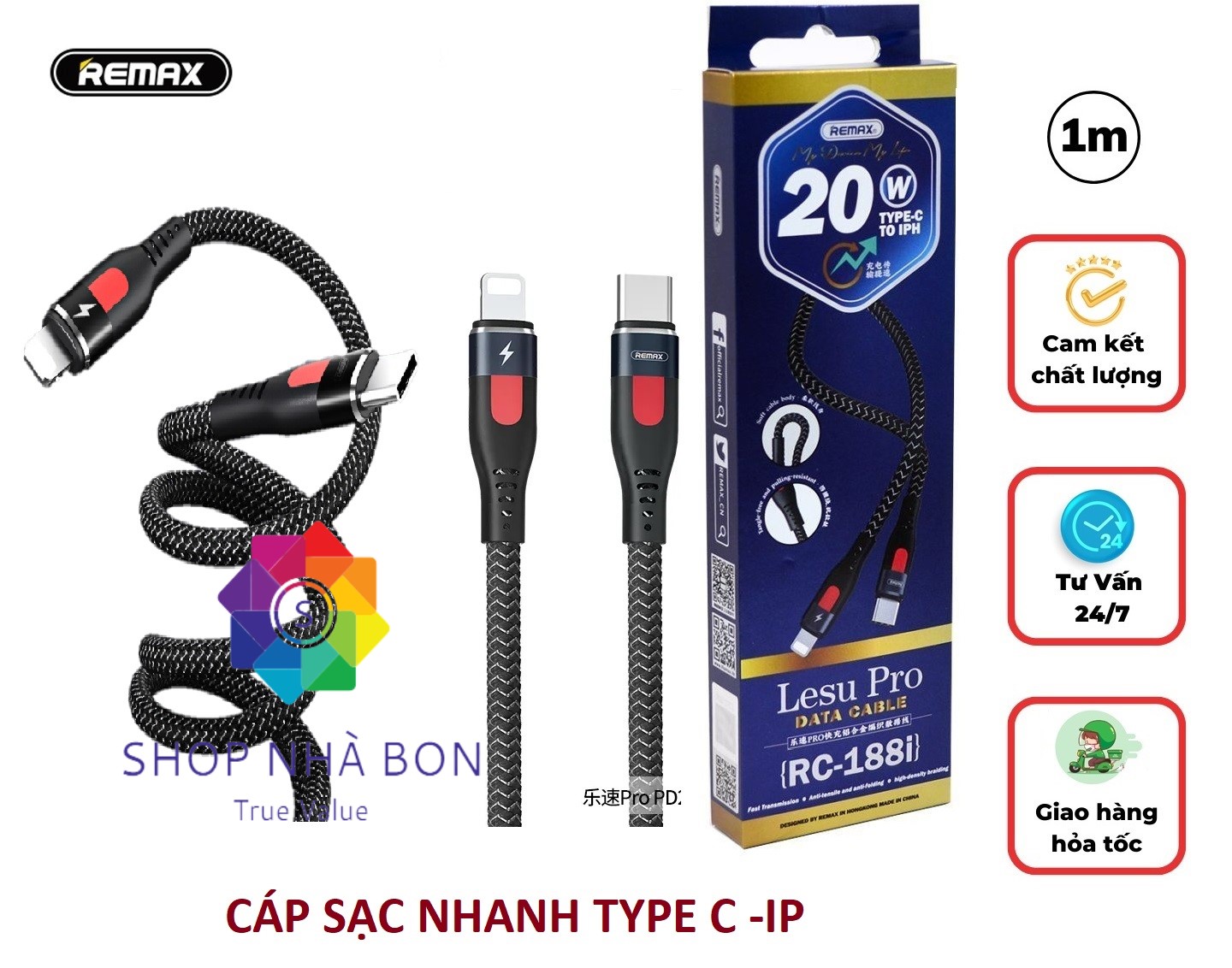 Cáp sạc nhanh Remax 18/20W dùng cho Iphone, Ipad - Hàng chính hãng 