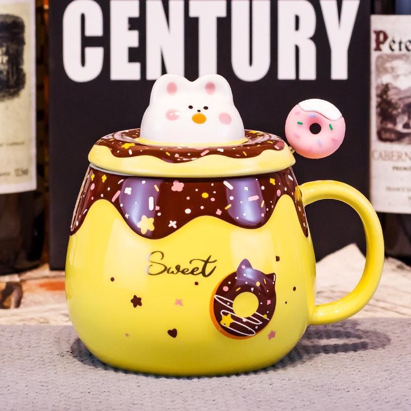 Cốc Sứ Donut Hoạt Hình Thỏ Dễ Thương Có Nắp 3D Và Thìa Khuấy Cute 400ml - Quà Tặng Trẻ Em Bạn Gái