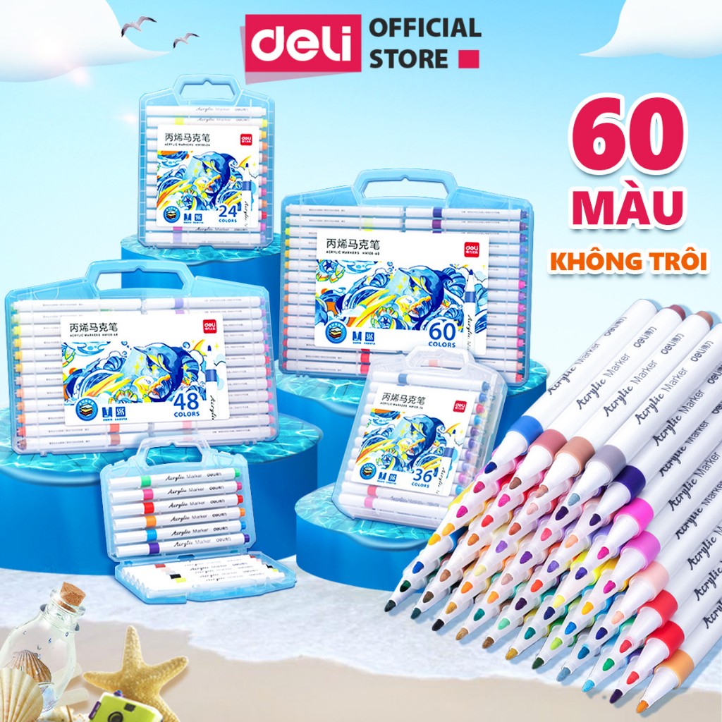 Bút Sơn Acrylic Marker Deli THÊM 80% MỰC - 12/24/36/48/64 Màu Tô Trên Mọi Chất Liệu DIY Vẽ Giày Vải Chai Lọ Nhựa