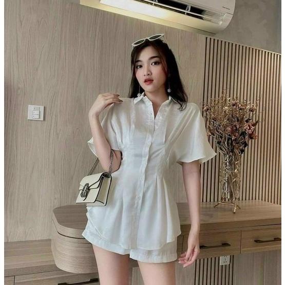 Sét bộ đùi áo cổ sơ mi cài nút ôm eo tay ngắn phối quần đùi phù hợp phong cách mùa hè chất liệu tuyết nhung 4 màu