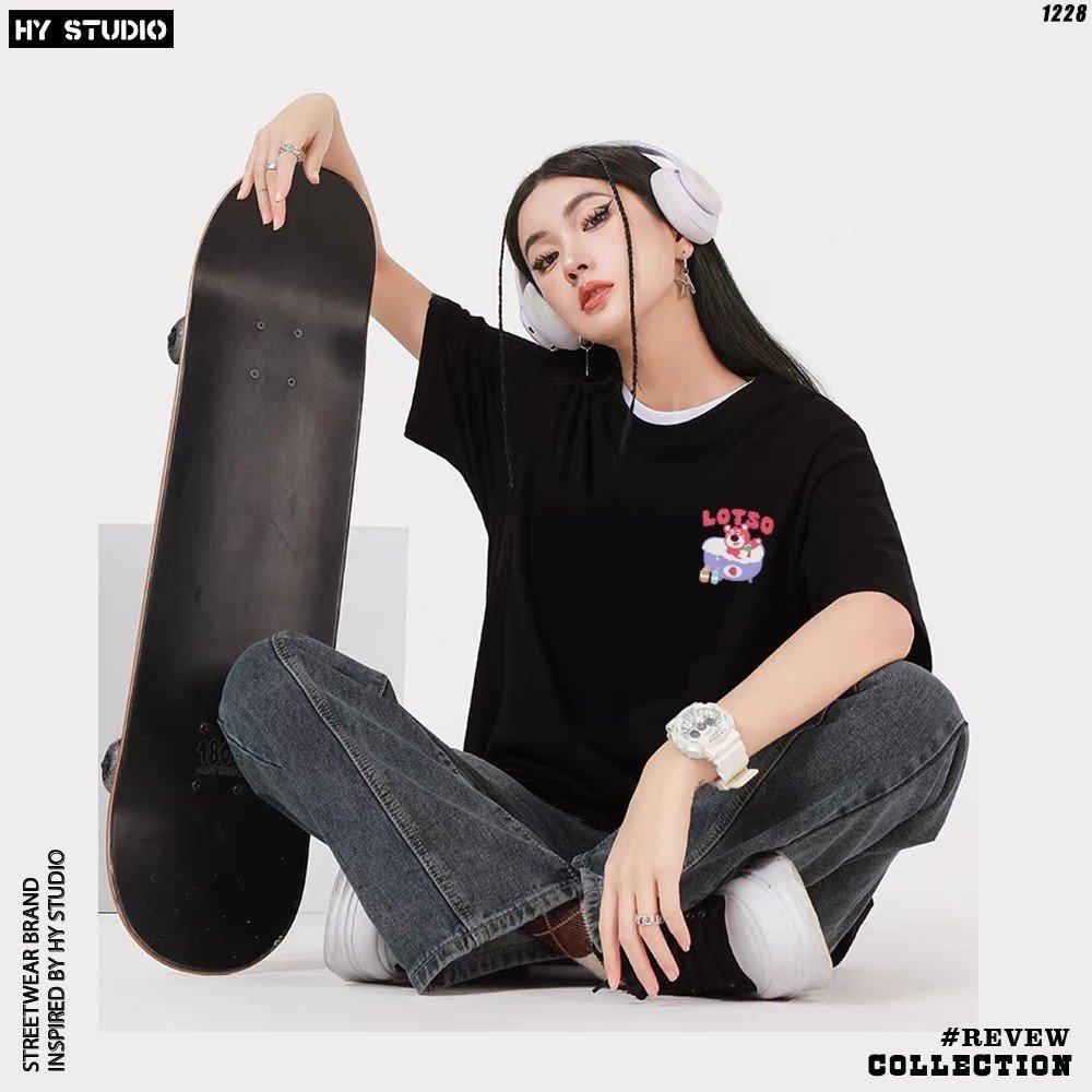 Áo thun tay lỡ unisex gấu dâu lotso phối họa tiết dễ thương áo phông nam nữ