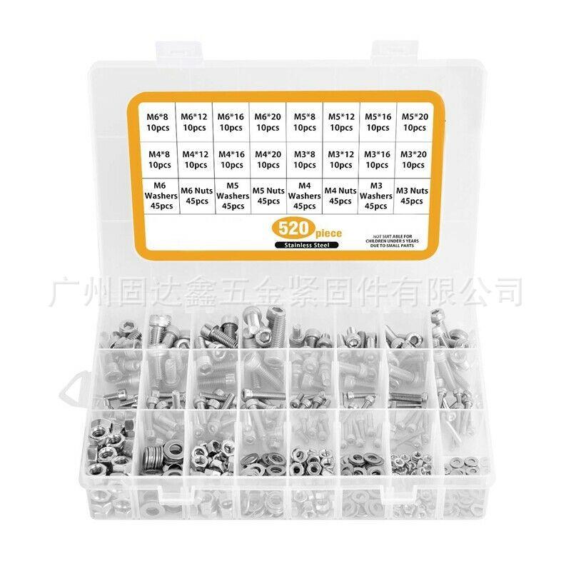 Bộ 520PCS M3 M4 M5 M6 Nút đầu bằng thép không gỉ Hex Ổ cắm Đầu cáp Bu lông Ốc vít có đai ốc