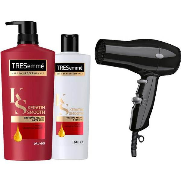 Combo Dầu gội 650Gr và Dầu Xả 340Gr Tresemmé Keratin Smooth Tinh Dầu Argan vào nếp suôn mượt tặng kèm Máy sấy tóc thời trang