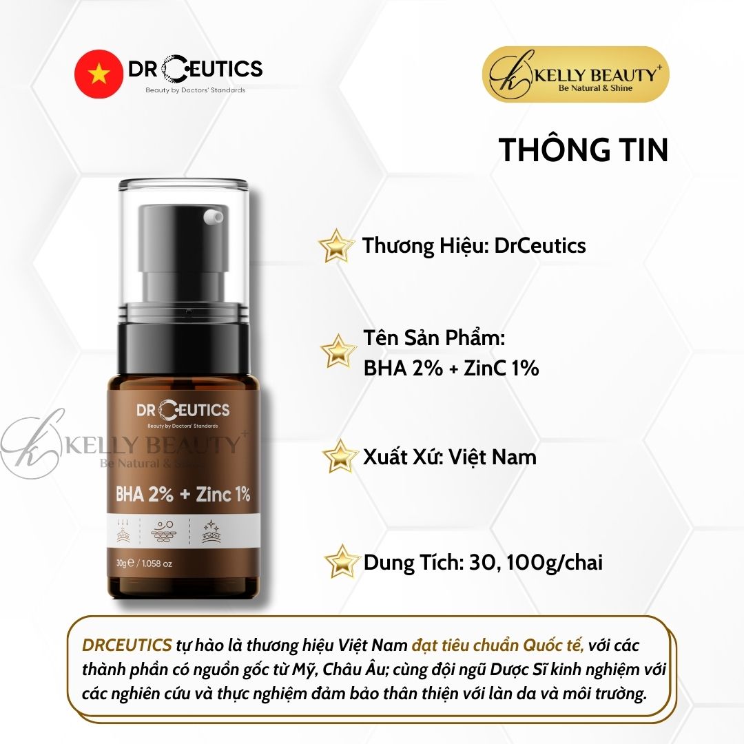 Serum Mụn DrCeutics BHA 2% + ZinC 1% - Cải Thiện & Ngừa Mụn; Giúp Kiềm Dầu | Kelly Beauty