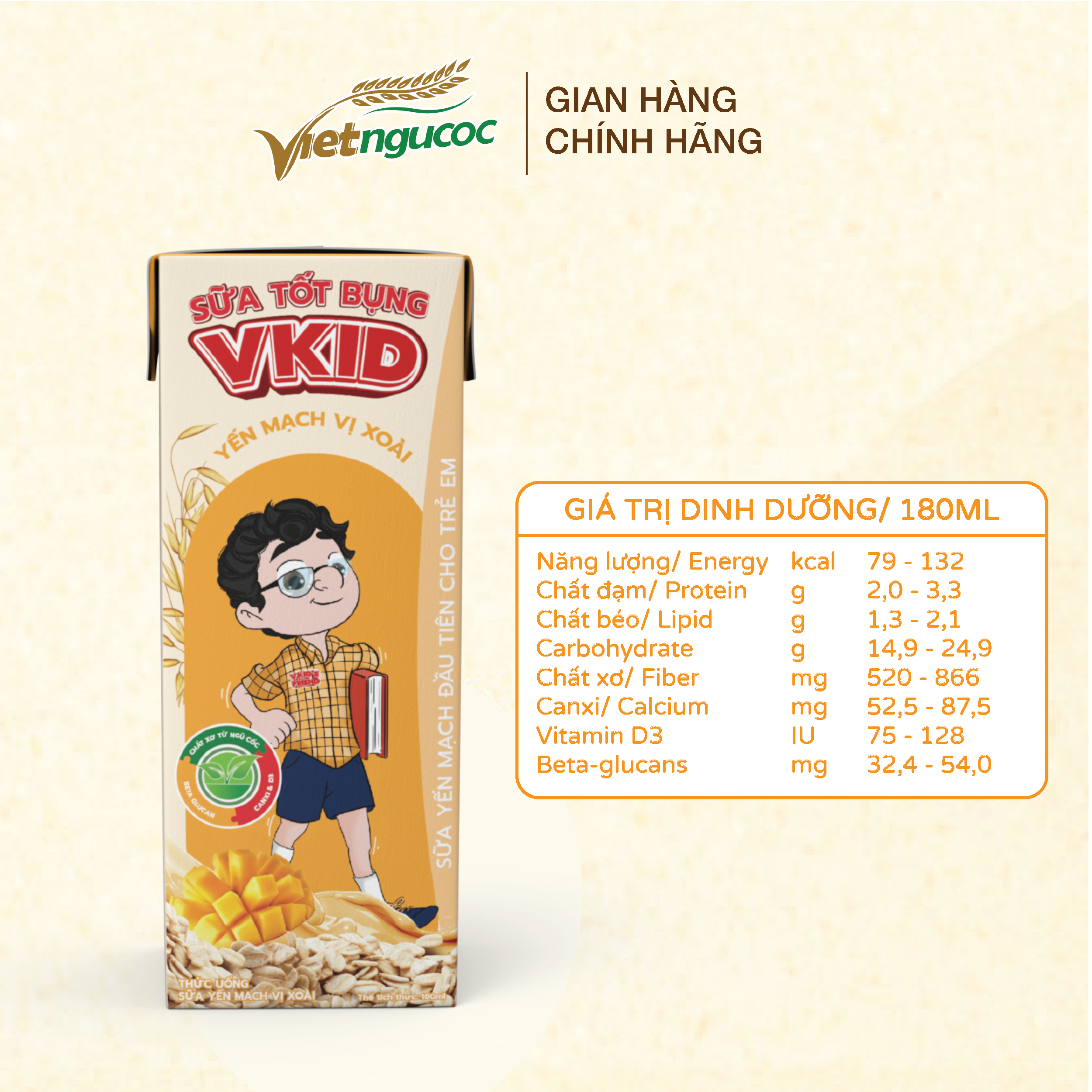 Thùng 48 hộp Sữa Yến Mạch V-Kid VIỆT NGŨ CỐC Vị Xoài 180ml/Hộp