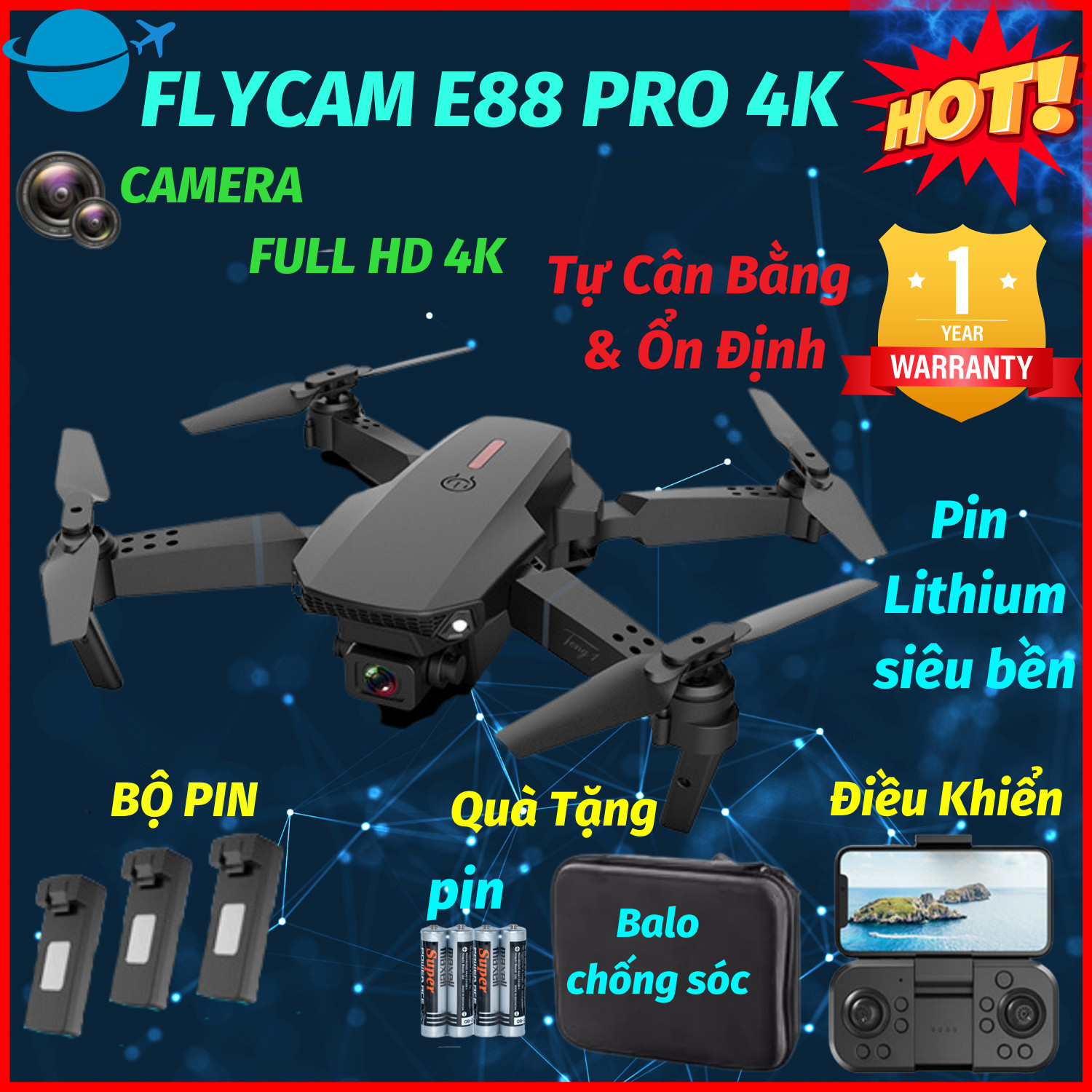 Máy bay Flycam mini 4k giá rẻ Drone E88 Pro 2 camera kép kết nối WIFI 2.4GHZ, ĐỘ PHÂN GIẢI 4K, Bay cao 100m, nhào lộn 360 độ thích làm đồ chơi cho bé Tặng túi đựng chống sốc - Hàng chính hãng