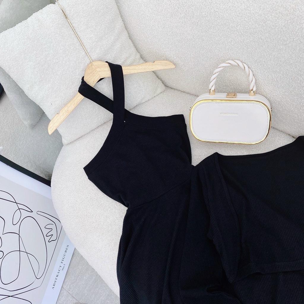 Set đầm midi đen cổ yếm xoắn kèm khoác crop tay dài