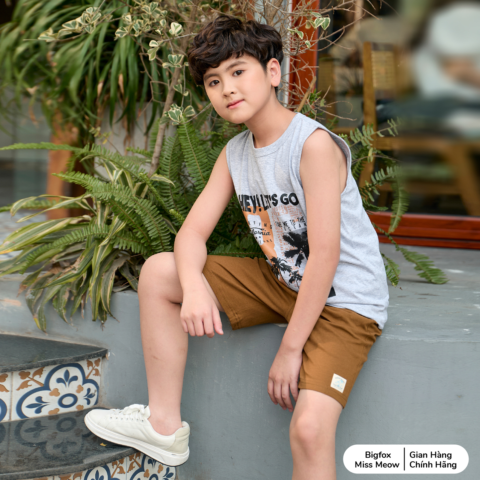 Đồ bộ bé trai ba lỗ sát nách Bigfox Miss Meow size đại mặc nhà mùa hè vải cotton thoáng mát cỡ 12-15 tuổi 40kg-50kg