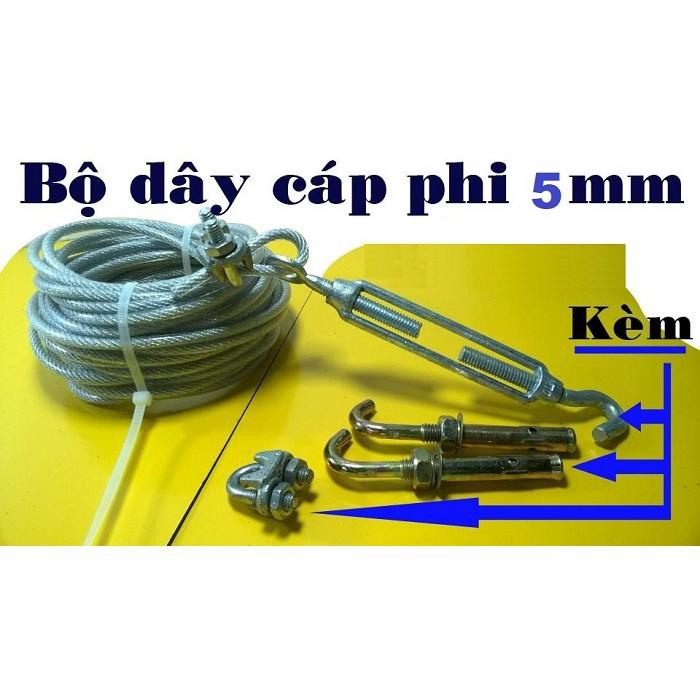 Dây phơi quần áo Phi 5mm, Tặng 2 khóa cáp, 1 tăng đơ, 2 nở móc sắt