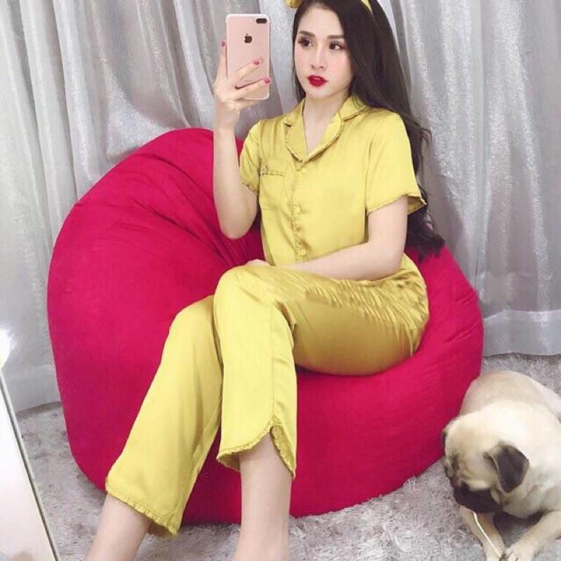 Bộ đồ pijama lụa, bộ lụa cộc tay quần dài viền bèo nơ túi xinh xắn