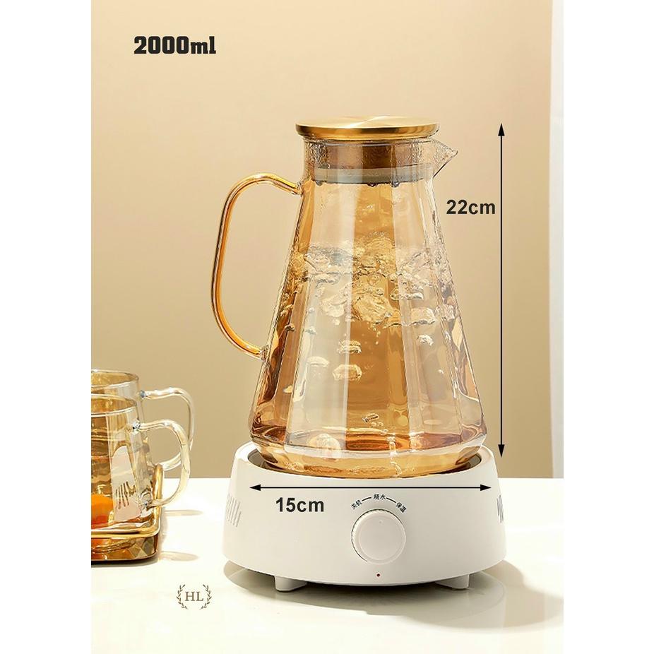 Combo bình đựng nước uống thủy tinh vàng vân sọc kèm khay và giá úp cốc