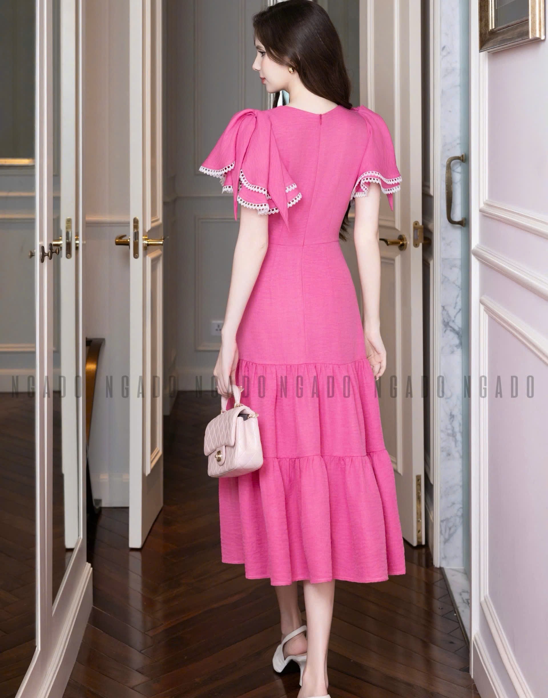 Đầm hồng sen phối ren NGADO , đầm dài , đầm Nữ , đầm công sở , dự tiệc