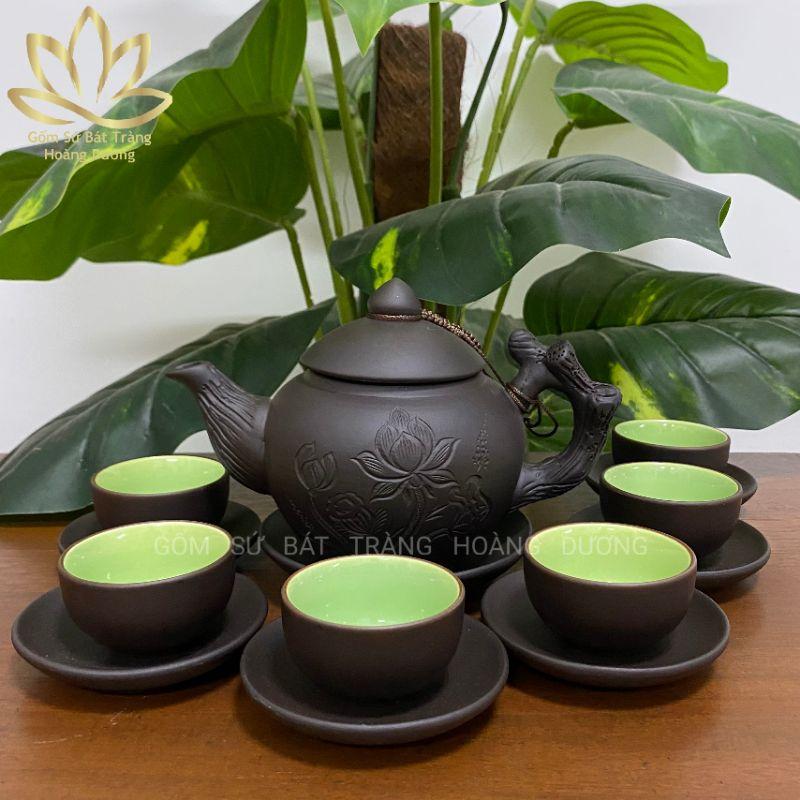 Bộ ấm chén tử sa Bát Tràng hoạ tiết hoa sen màu đen 400ml