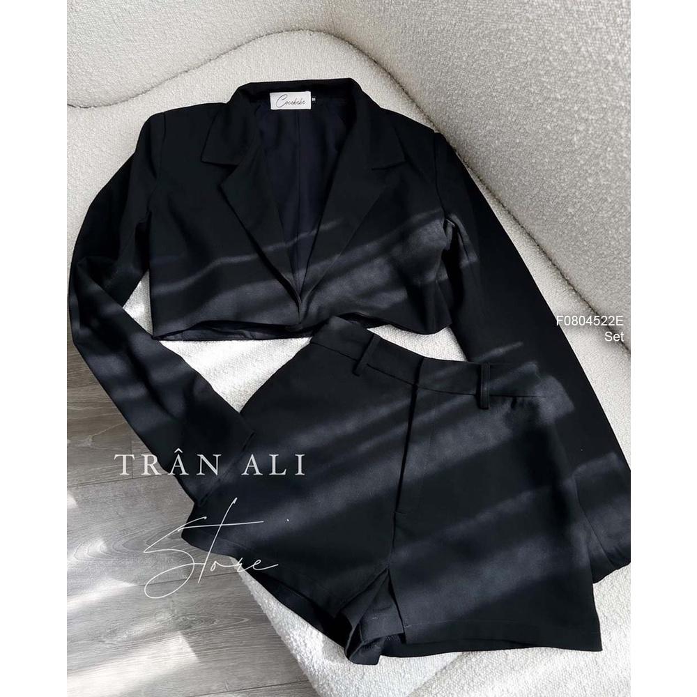 Set áo vest croptop tay dài phối quần giả váy