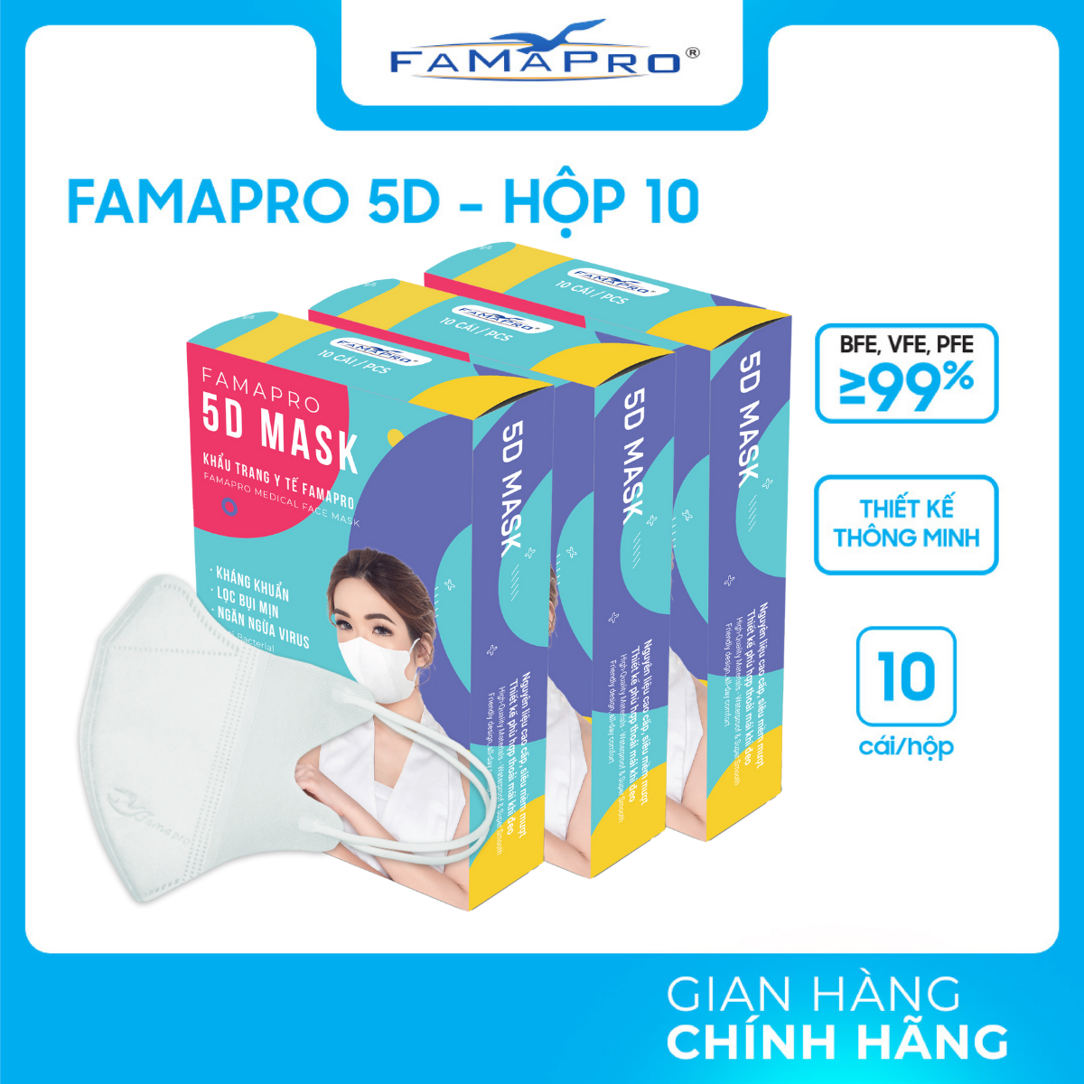 [HỘP - FAMAPRO 5D MASK] - Khẩu trang y tế kháng khuẩn 3 lớp Famapro 5D Mask (10 cái/ hộp) - COMBO 3 HỘP
