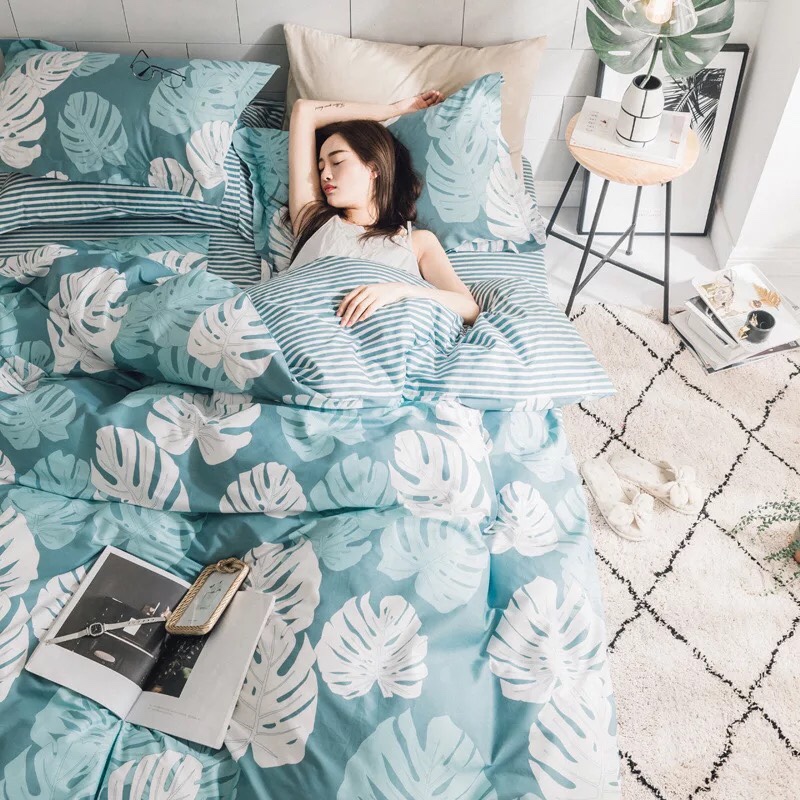 Bộ chăn ga gối cotton cao cấp PL1 Lá khoai xanh