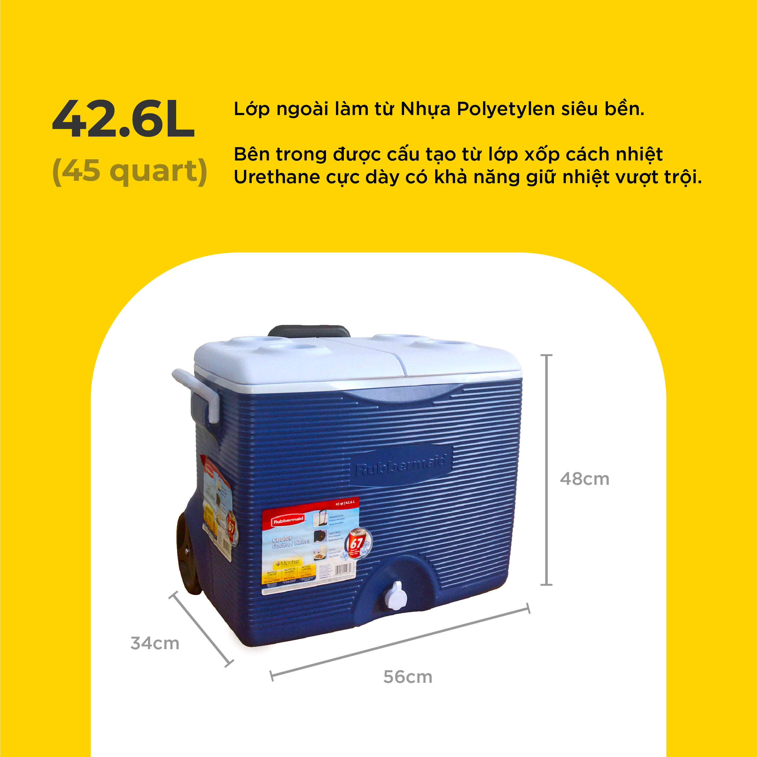 Thùng đá Rubbermaid 42,6L giữ nhiệt siêu lâu, có bánh xe to và tay kéo vali tiện lợi | SAOVIETCO | FG2A9102MODBL