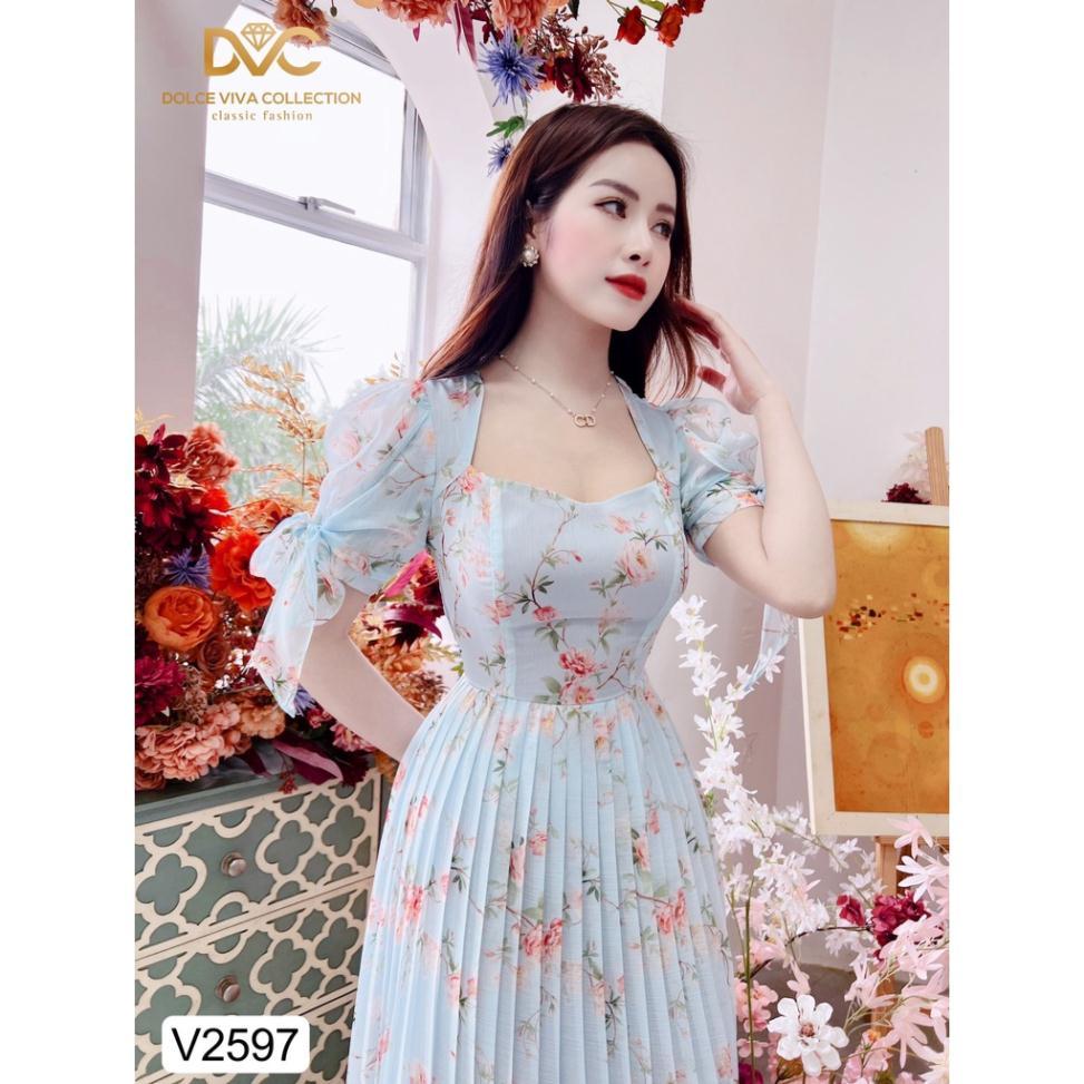 VÁY HOA XANH TAY BUỘC NƠ V2597 Đẹp Shop DVC