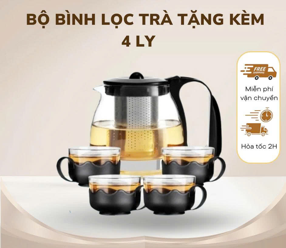 Bộ Bình Trà Thủy Tinh kèm Tách Lưới Lọc Inox 304 Không Gỉ- Tiện Lợi - Chính Hãng