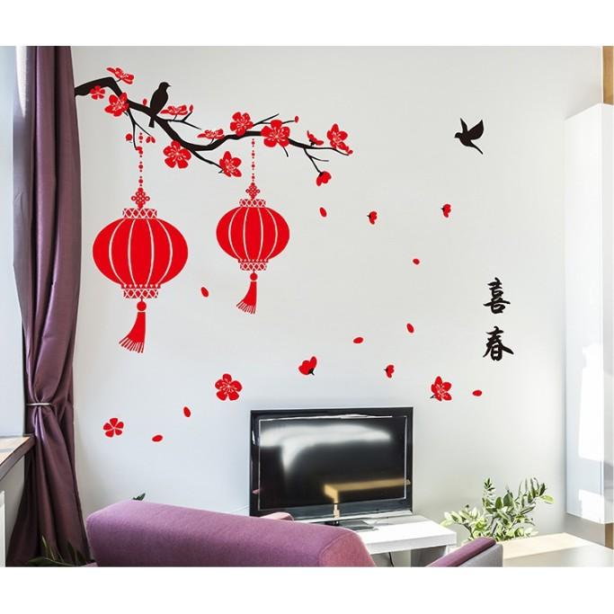 Decal trang trí Tết - Cành Mai đào đỏ và 2 Lồng Đèn trong gió