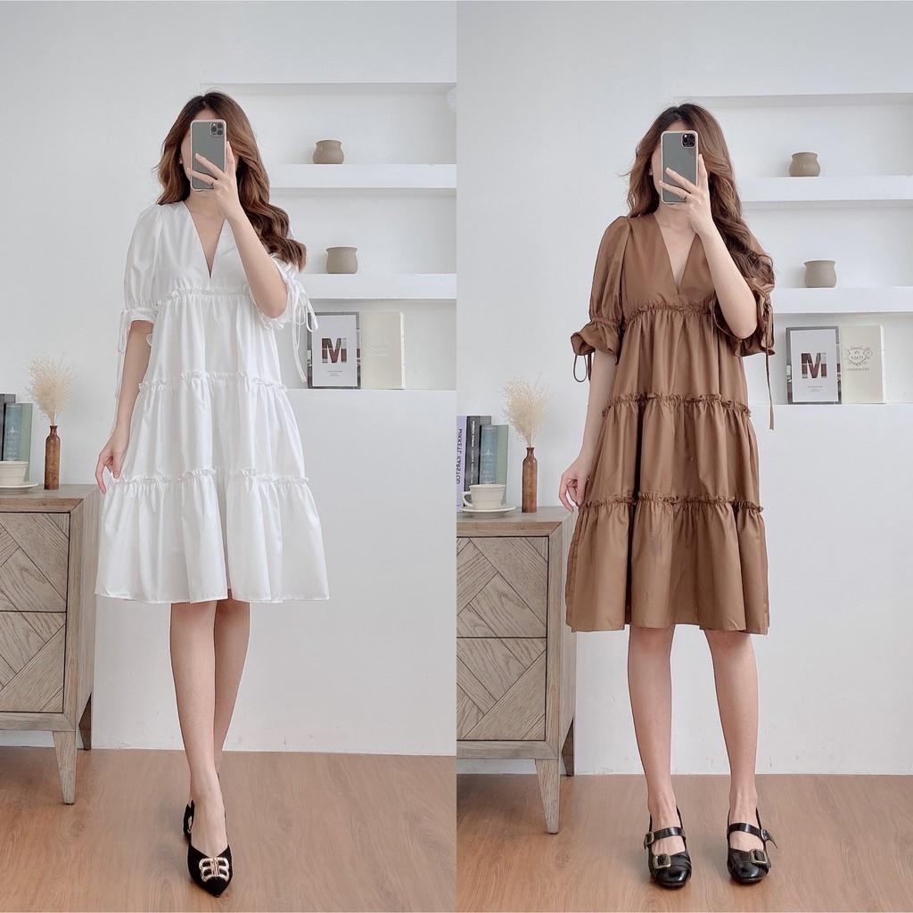 Váy suông babydoll 3 tầng, cổ V, đầm xuông rộng freesize, tay bo phồng buộc nơ 2 màu mã V173 - Michi's House