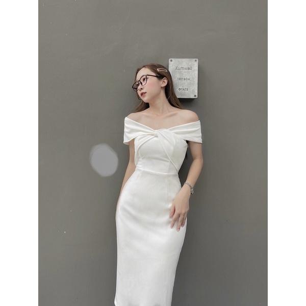 F1231B Đầm ôm bẹt vai ngực phối bèo